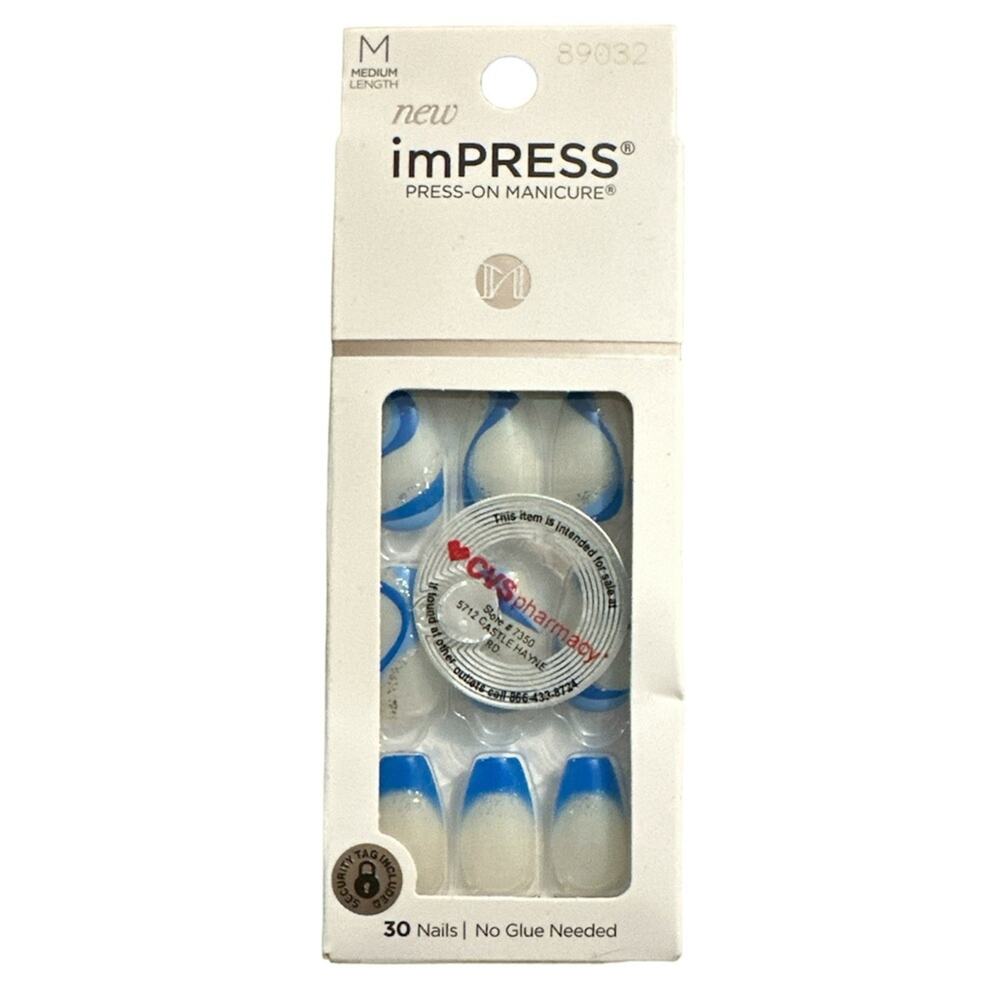 New Kiss imPress Press On Nails Blue/White Mesmerize Medium‎